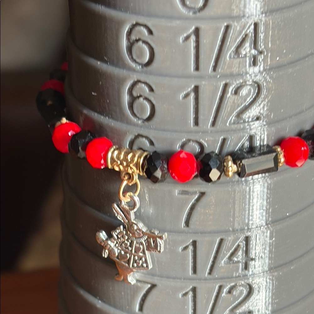Red and Black Beaded Bracelet with Rabbit Charm - Picture 3 of 4